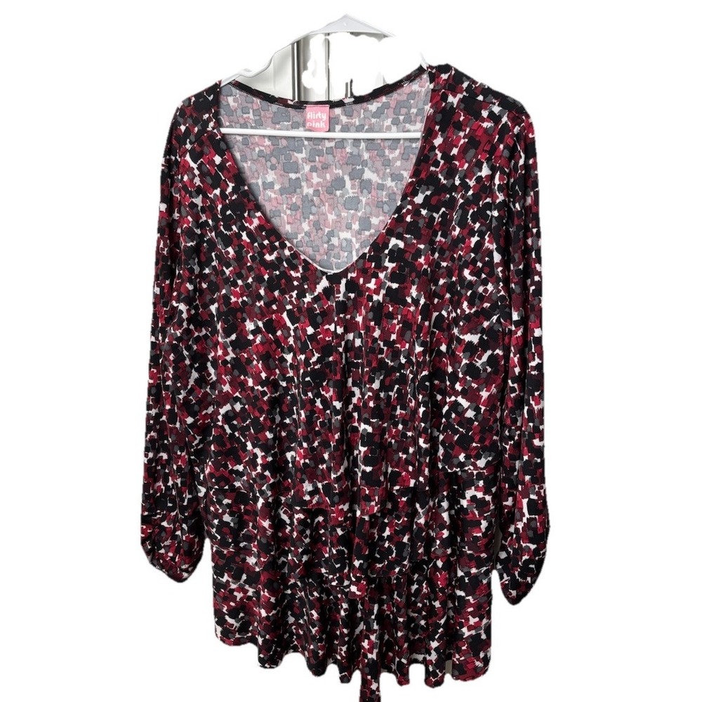 Flirty Pink 3 Tiered Patterned Blouse Boho Gathered Sleeves Size 3xl